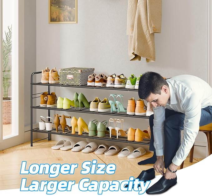 3 Tier Shoe Rack for Closet, 46.5 Inch Extra Long Shoe Storage Organizer for Shelves, Heavy Duty Metal, Easy Assembly, Black