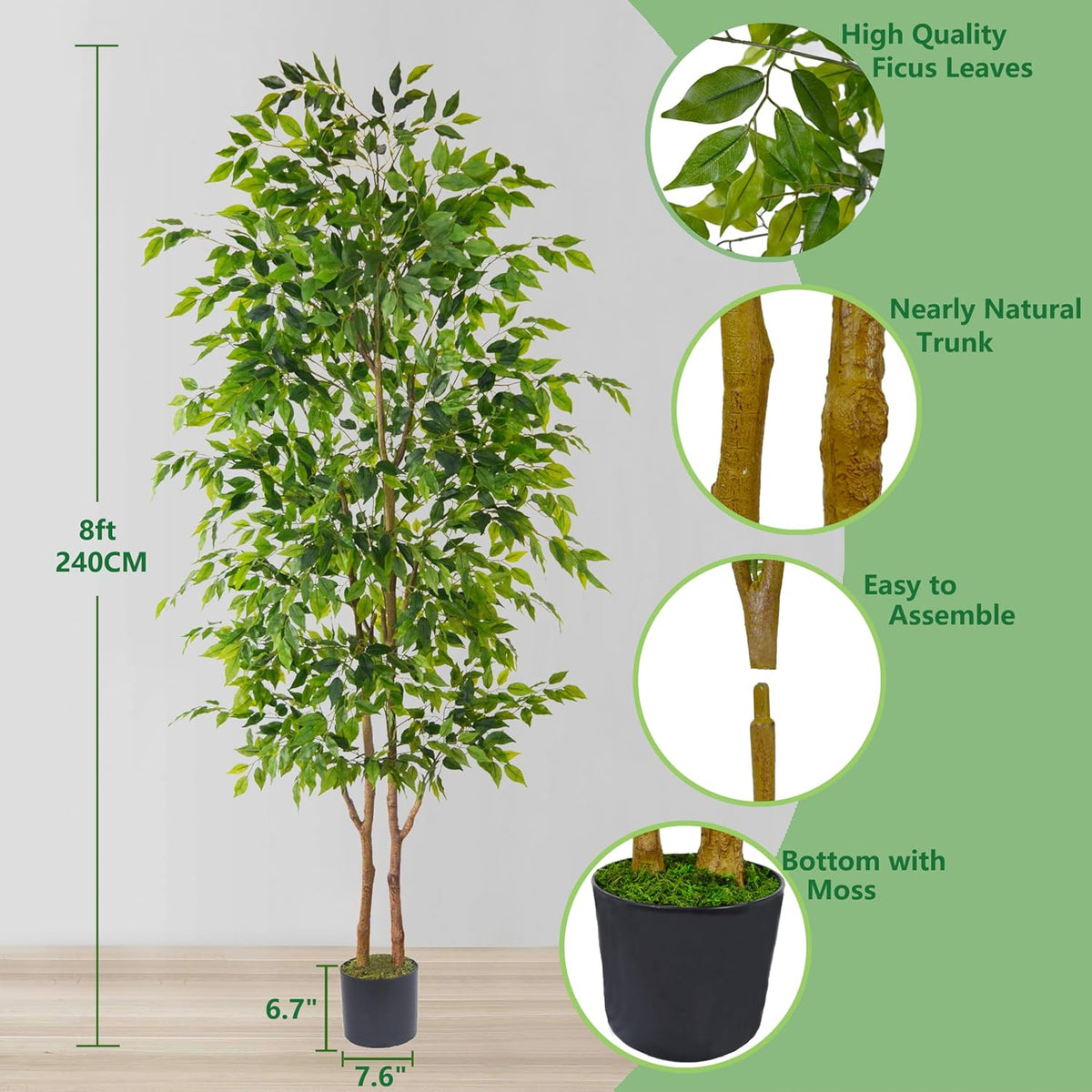 8ft Artificial Ficus Tree, 96” Realistic Ficus Leaves Large Fake Plant with Basket, Indoor Outdoor Potted Faux Tree for Home Garden Office House Livingroom Décor