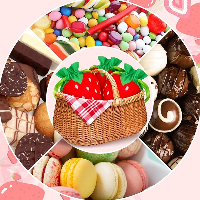 Whaline 12Pcs Strawberry Shaped Treat Bags Red Green Strawberry Drawstring Bags Cute Fruit-Themed Gift Pouches for Item Storage Jewelry Packaging
