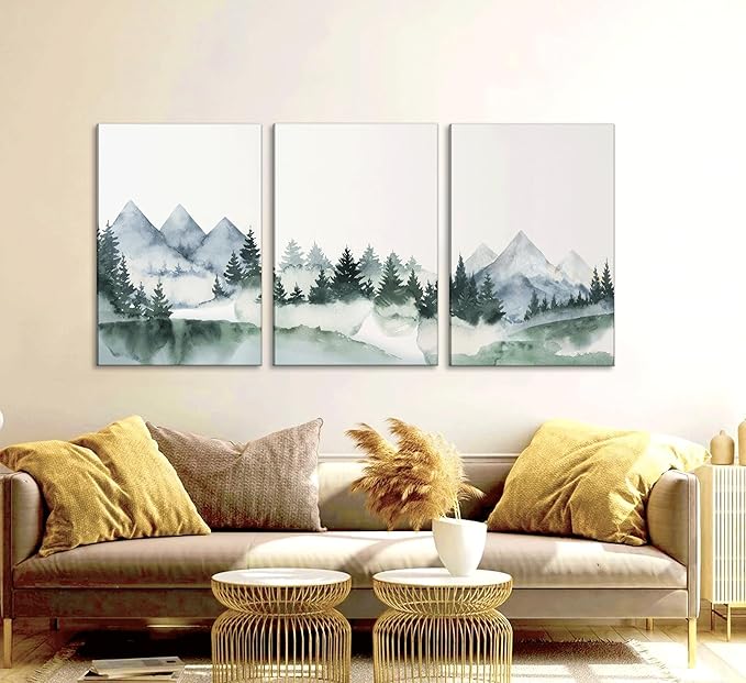 3 Pcs Modern Mountains Canvas Wall Art Green Watercolor Misty Pine Forest Nature Minimalism Abstract Landscape Painting Picture Wall Decor Poster Print Artwork for Living Room Bedroom Office