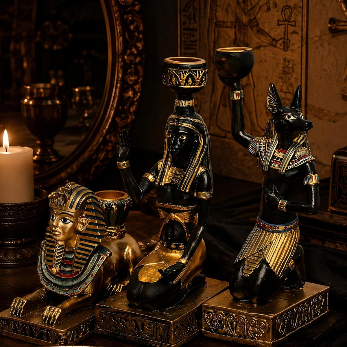 Egyptian Mythology Resin Candle Holder Set 3 Anubis Goddess Sphinx Decor