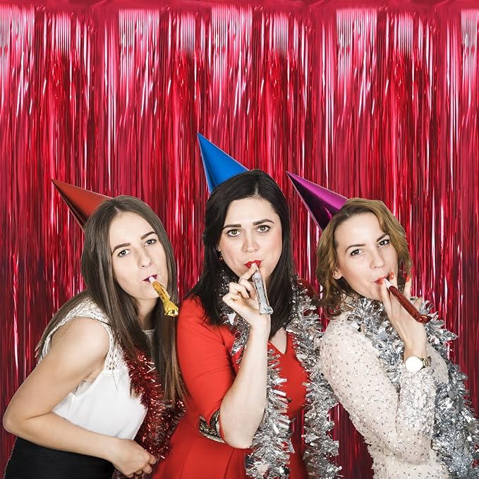 GOER 3.2 ft x 9.8 ft Metallic Tinsel Foil Fringe Curtains Party Photo Backdrop Party Streamers for Birthday,Graduation,New Year Eve Decorations Wedding Decor (3 Pcs,Burgundy)