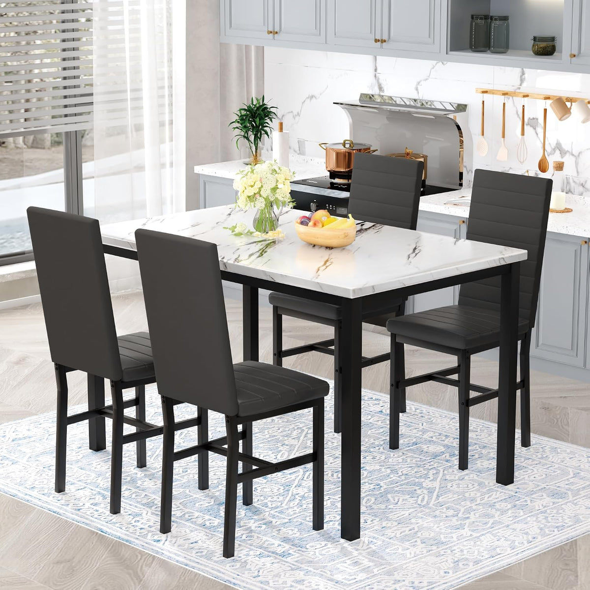 Hooseng 5 Piece Dining Table Set for 4, Faux Marble Kitchen Table with Upholstered Chairs, Modern Dinner Table Set for Dining Room, Small Spaces, White&Black