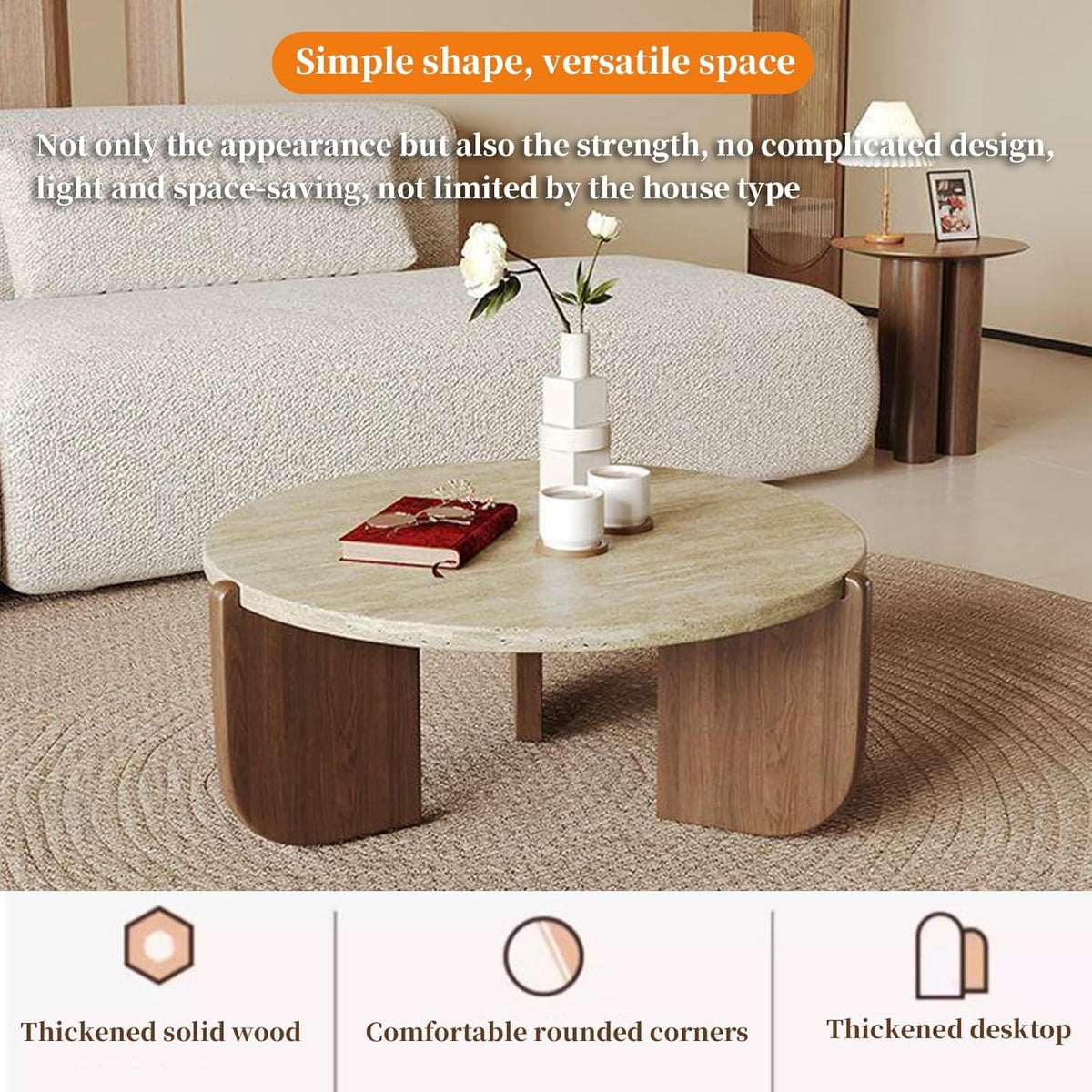 FORRTY Coffee Table,Sofa Table,End Tables, Slate Stone+Solid Wood, Sturdy And Durable,Waterproof And Scratch-resistant,Easy To Install,Suitable For Living Room,Bedroom, Study,balcony Other Spaces(Roun