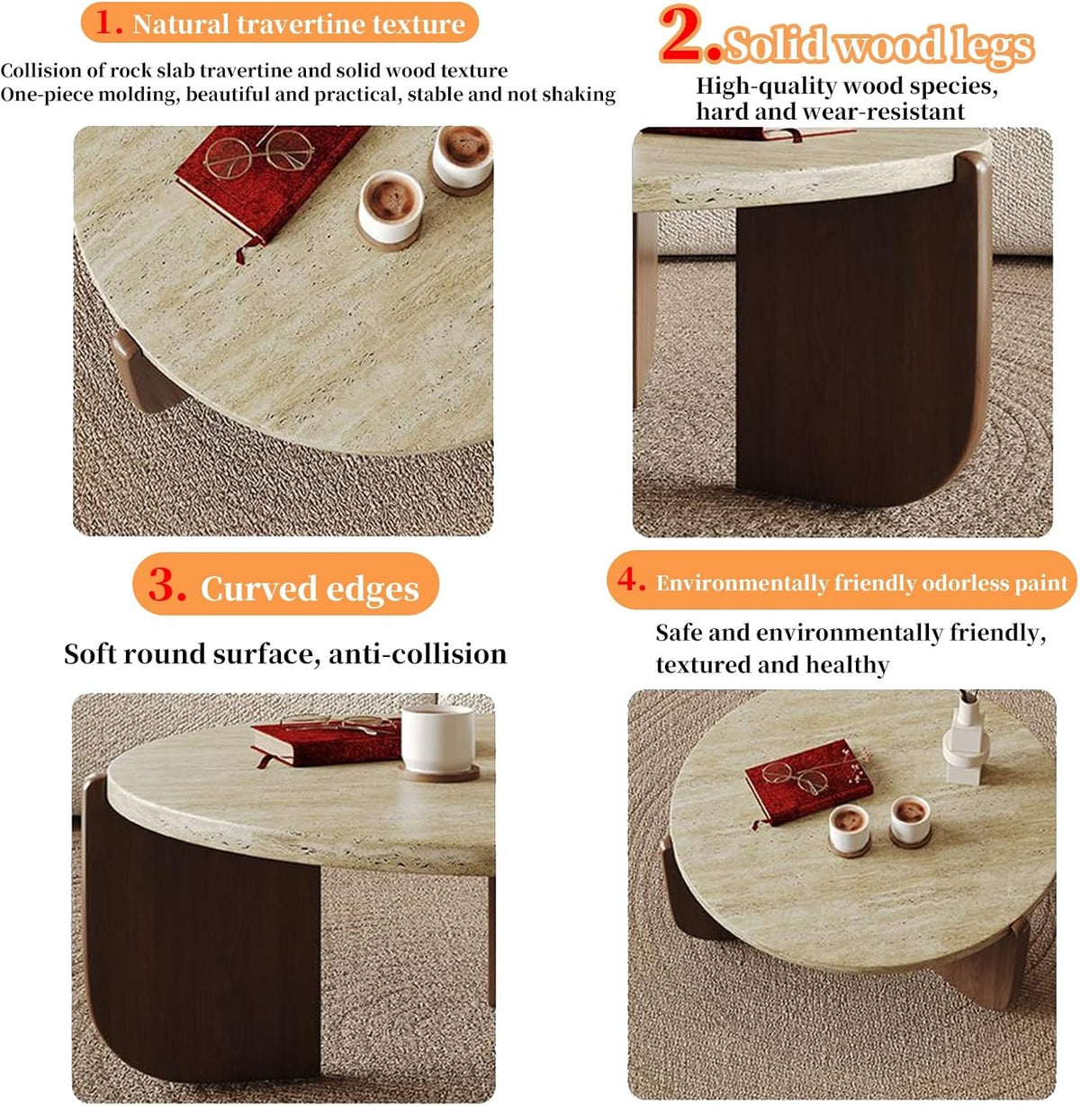 FORRTY Coffee Table,Sofa Table,End Tables, Slate Stone+Solid Wood, Sturdy And Durable,Waterproof And Scratch-resistant,Easy To Install,Suitable For Living Room,Bedroom, Study,balcony Other Spaces(Roun