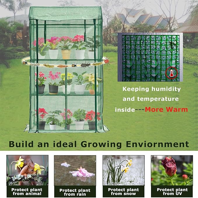 Mini Greenhouse for Indoor Outdoor, Small Plastic Plant Green House Rack Stand Portable Greenhouses with Durable PE Cover for Seedling 60 "x 35"x 16",20 Pcs T-Type Plant Tags Include(PLGH4053G)