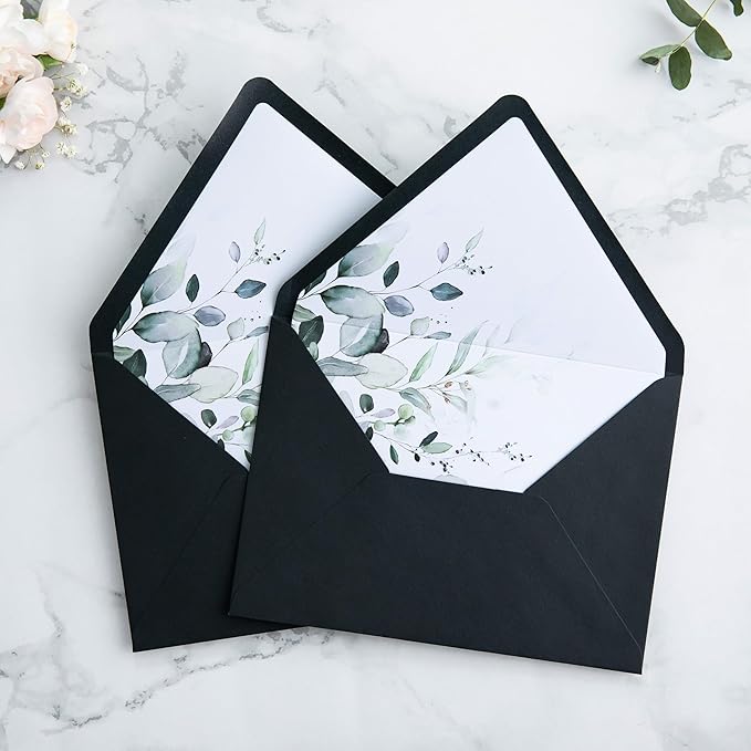 PONATIA 50 PCS A7 Euro Flap Black Envelopes, 5.25 x 7.25'' Green Liner Envelopes for 5x7 Wedding Invitations, Photos, Postcards, Greeting Cards, Christmas Gift Cards, Acrylic Mailing