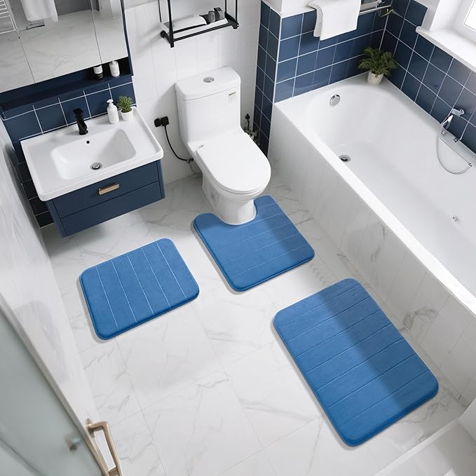 Yimobra Memory Foam Bath Mat, Super Soft Absorbent Bathroom Rug Non Slip 31.5x20 Inch, Quick Dry, Machine Washable Floor Carpet for Tub Shower, Home Decor Accessories, Blue