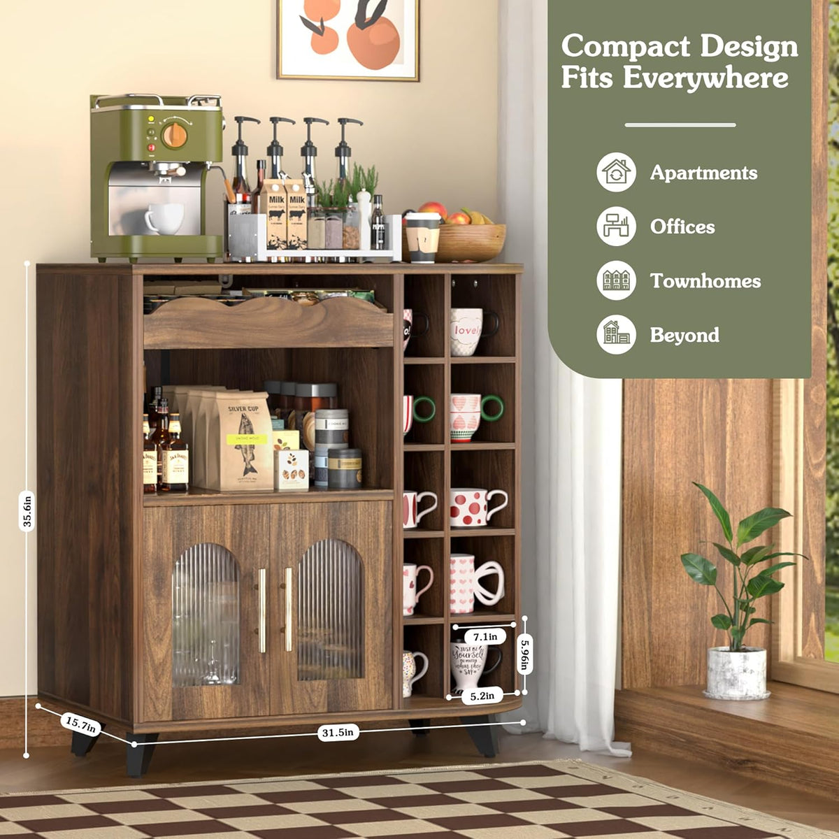 VINAEMO Coffee Bar Cabinet with 24-Cup Display, Large Drawer & Storage,Modern Buffet Sideboard for Kitchen, Medium Wooden Bar Station for Apartment,Walnut