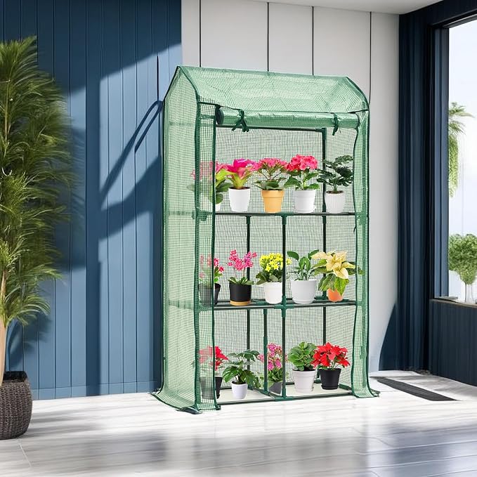 Mini Greenhouse for Indoor Outdoor, Small Plastic Plant Green House Rack Stand Portable Greenhouses with Durable PE Cover for Seedling 60 "x 35"x 16",20 Pcs T-Type Plant Tags Include(PLGH4053G)