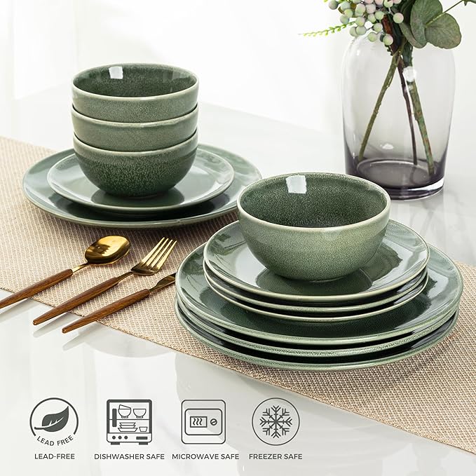 AmorArc Ceramic Dinnerware Sets for 6, 18 Pieces Handpainted Plates and Bowls Set, Scratch Resistant Stoneware Dishes Set, Dishwasher & Microwave Safe, Jade Green
