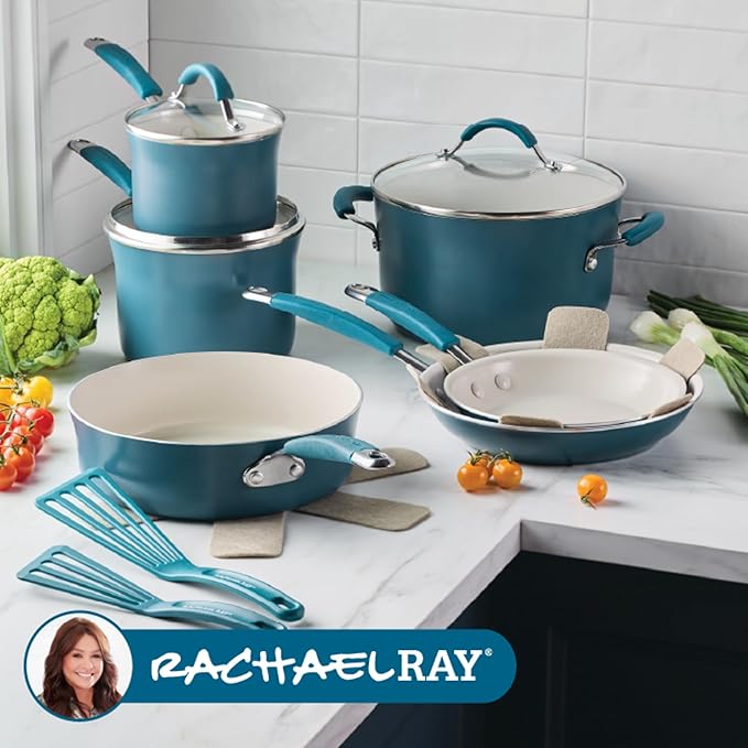 Rachael Ray Cucina Ceramic Cookware Set - 13 Pieces - Ceramic Pots and Pans Set w/Nonstick Frying Pans, Saute Pan, Saucepans, Stockpot, Lids, Pan Protectors & Cooking Utensils - Marine Blue