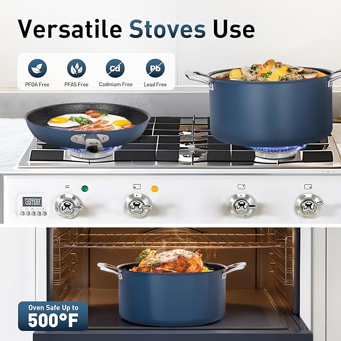 MAISON ARTS Plasma Titanium Coating Non stick Cookware Sets, 6 Piece Induction Pots and Pans Set, Non-Toxic Deep Frying Pan and Casserole with Silicone Glass Lid