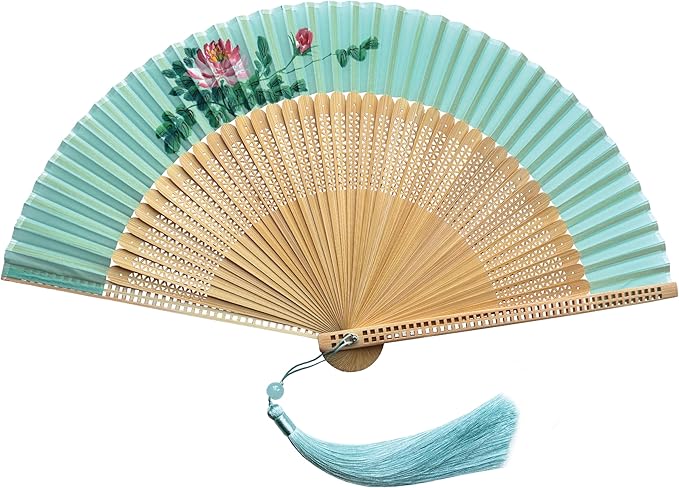 FANSOF.FANS Premium Floral Silk Fabric Border Handheld Folding Fan with Grade A Bamboo Ribs for Women Girls Event Birthday Wedding Favour with Tassel (Single Flower Border - Turqoise)