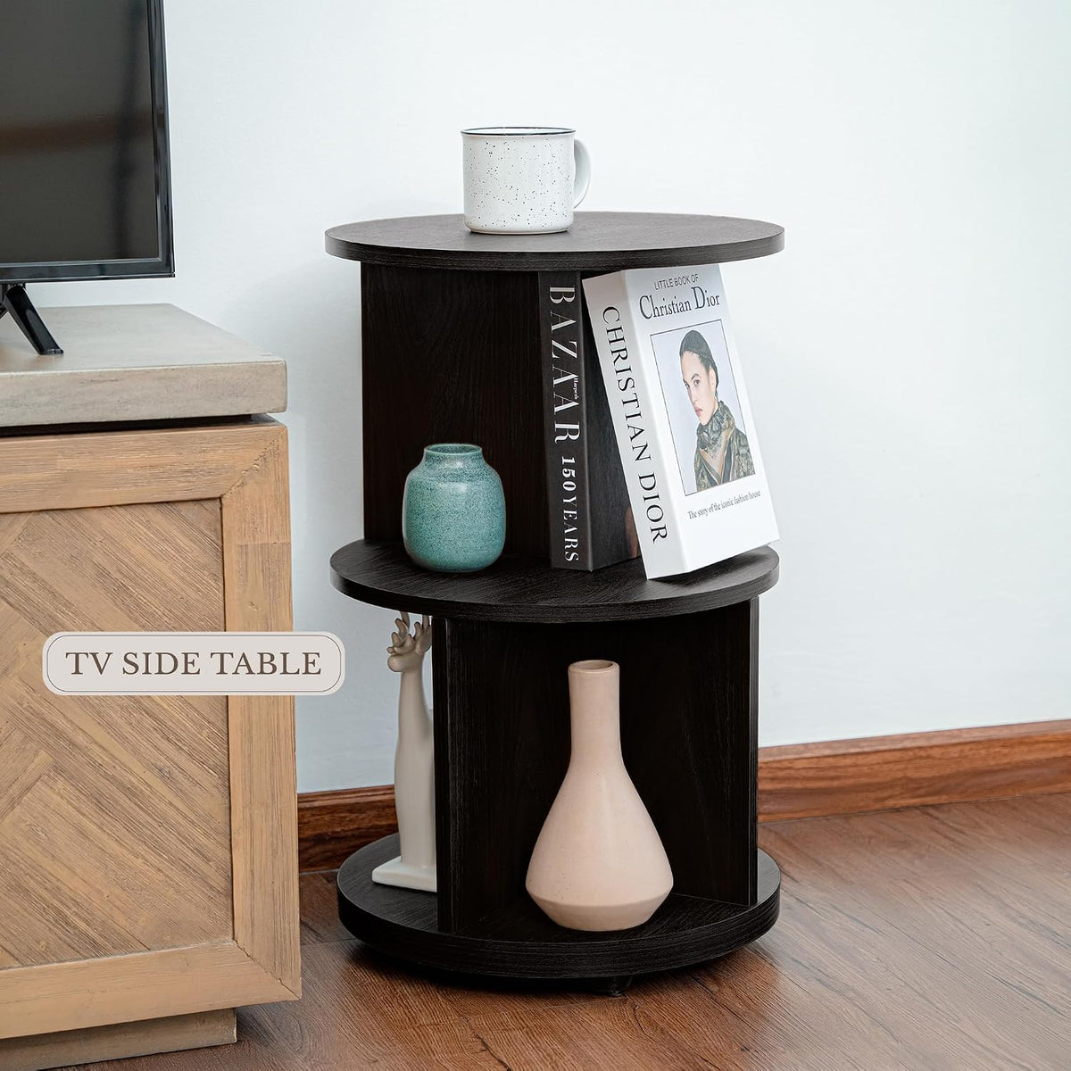 KAYMILY Round End Tables, Mid Century Modern 3 Tier Side Table for Living Room, Bedroom, Office, 25" Tall Accent Nightstand with Open Storage Shelves, Easy Assembly, MDF Wood - Rotating - Black