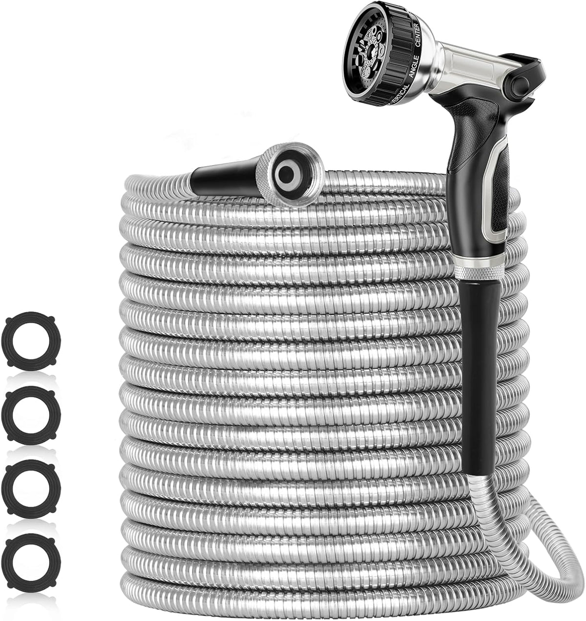 SPECILITE 25ft 304 Stainless Steel Garden Hose Metal, Heavy Duty Water Pipe with Nozzles for Yard, Outdoor - Flexible, Never Kink & Tangle, Puncture Resistant (Sliver)