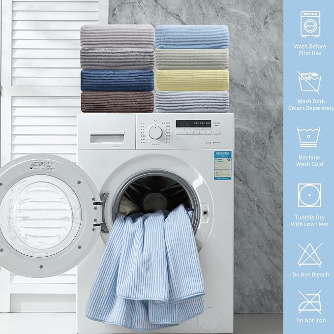 8-Piece Premium Towel Set for Bathroom|2 Oversized Large Bath Sheet,2 Hand Towels,4 Washcloths|Soft Cozy Highly Absorbent Fast Dry Microfiber Shower Towel Set for Hotel Bathroom Essentials,Blue White