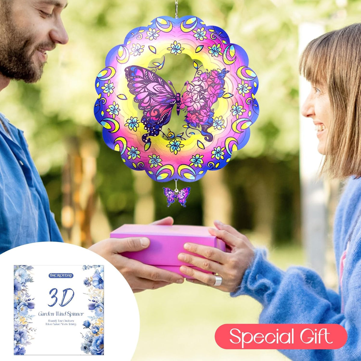 Butterfly 12 Inch Wind Spinners Garden Yard Decor Gift for Women Men, Outdoor Purple Metal 3D Wind Spinner, Stainless Steel Hanging Wind Catchers Sculpture for Outside Decoration
