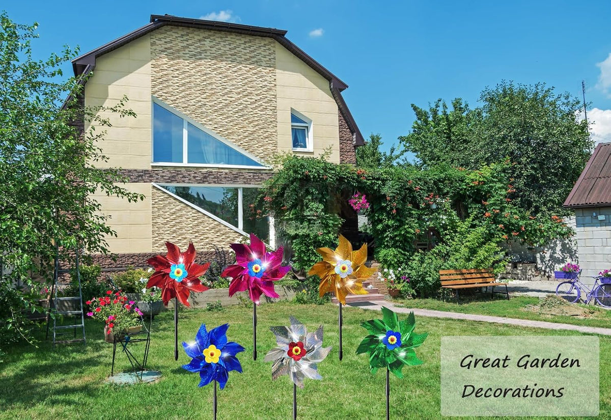 Sparkly Reflective Pinwheels with Stakes, Colorful Wind Spinners Outdoor Bird Scare Devices, Foil Pin Wheel Holographic Whirl Windmill for Yard Garden Decor Garden Wind Spinner 6 Packs