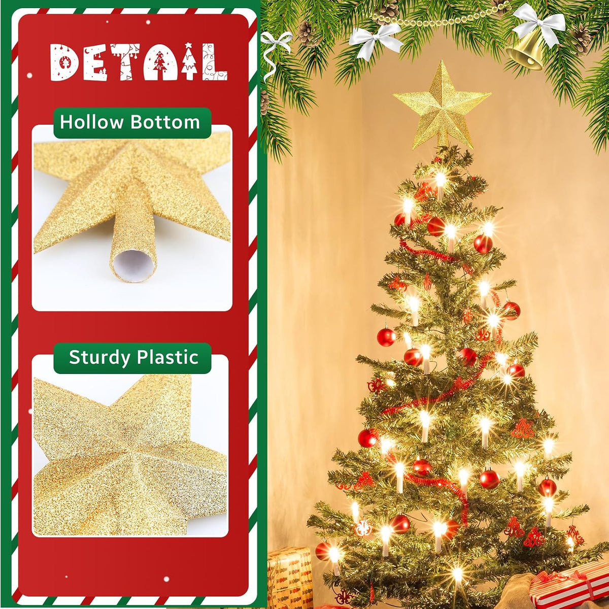 Glitter Christmas Star Tree Topper for Holiday Decorations, Christmas Tree Decoration for Holiday Ornament and Home Decor, Shatterproof Tree Toppers for Party Indoor & Outdoor-Gold 8 inch