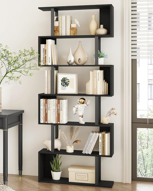 Yusong Geometric Bookcase, S Shaped Bookshelf 6-Tier Book Shelves for Bedroom, Modern Wood Decorative Display Shelf Tall Book Case for Home Office, Black and White