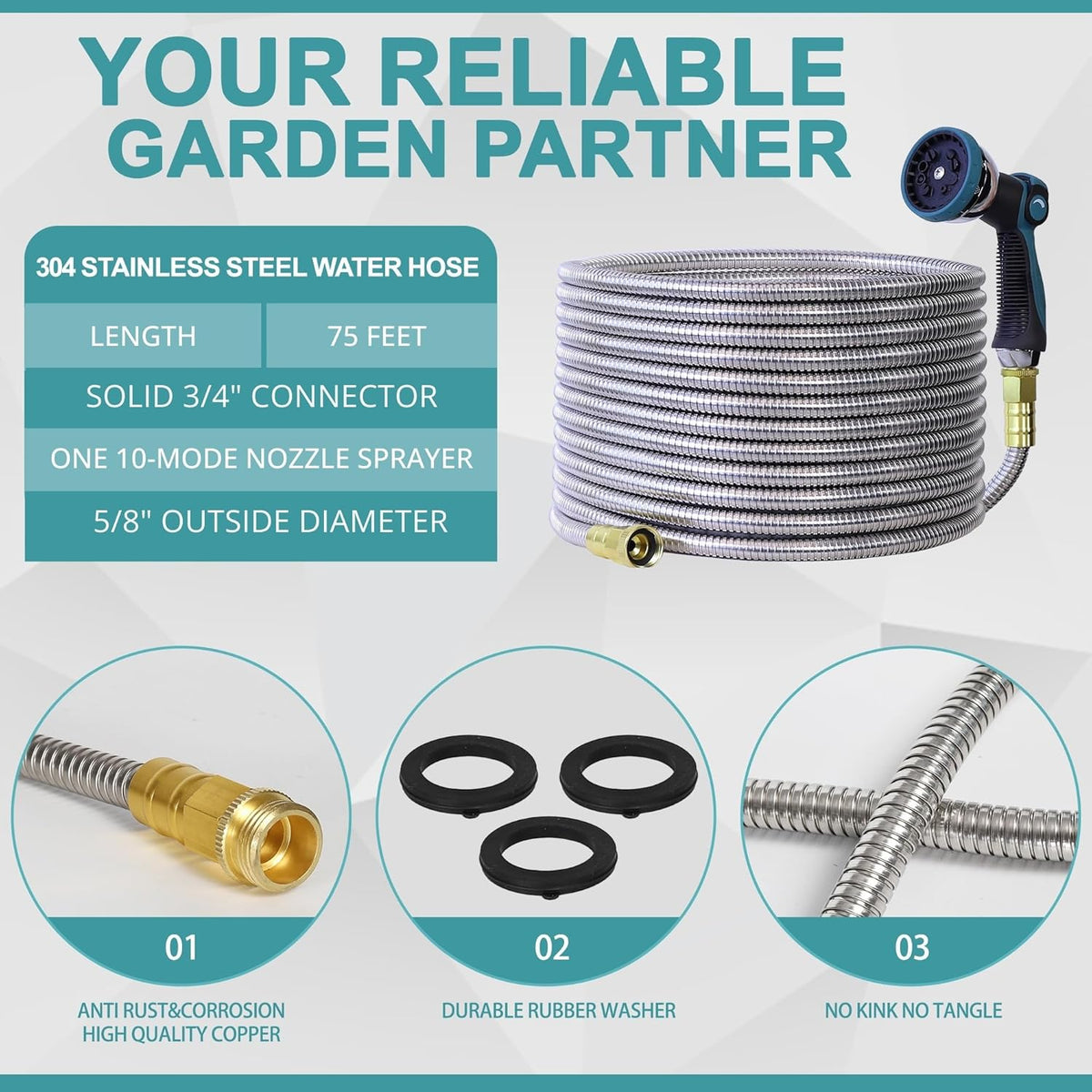 75FT Garden Hose, 304 Stainless Steel Water Hose, Flexible with a 10-Mode Nozzle Sprayer, No Kink, Lightweight, Puncture Proof, Ideal for Yard, Lawn, Outdoor, 5/8'' Outside Diameter