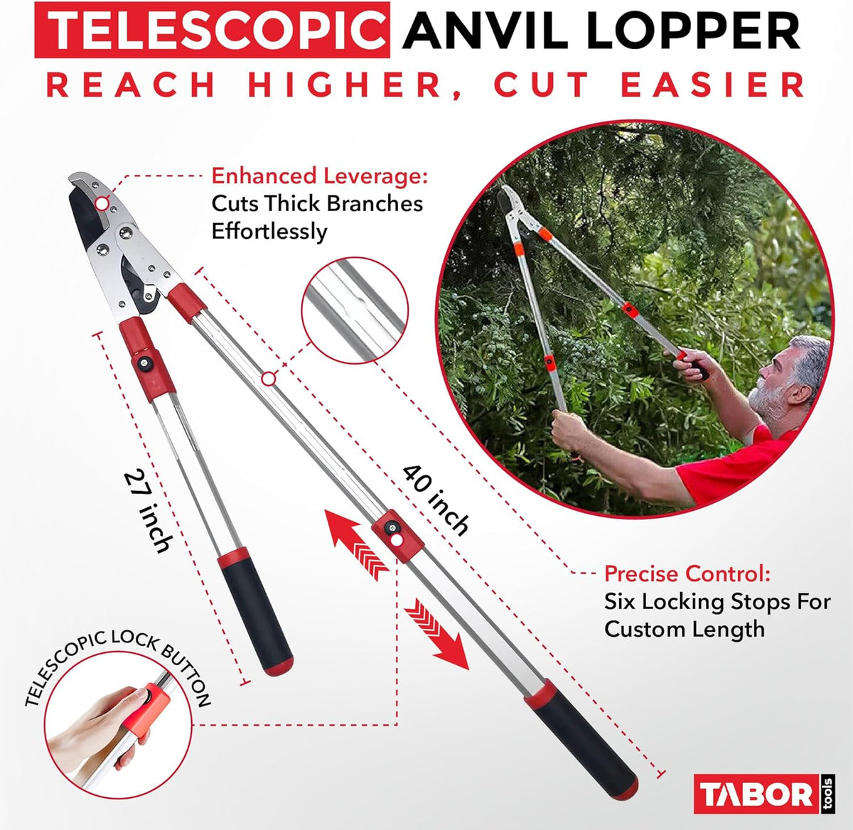 TABOR TOOLS GG22A Telescopic Extendable Anvil Lopper with Compound Action, 27-40 Inch Telescopic Tree Trimmer, Long Handled Branch Cutter with ⌀ 2 Inch Cut Capacity, Chops Thick Branches with Ease.