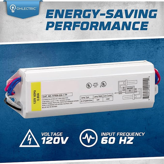 OHLECTRIC Replacement for Keystone KTEB-226-1-TP CFL Electronic Fluorescent Ballast | 2 Lamp 26 Watt & 120V Input with Rapid Start | Thermally Protected Design for Enhanced Safety and Efficiency