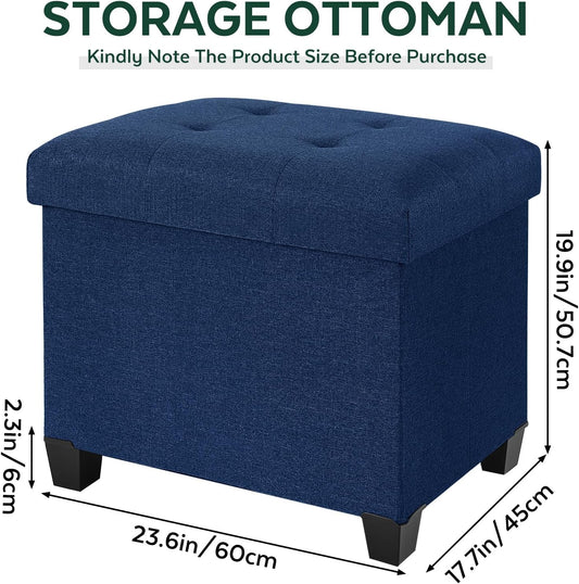 Ottoman with Storage, Rectangular Storage Ottoman, Linen Ottomans with Legs for Living Room Bedroom Dorm, 23.6" D x 17.7" W x 19.9" H, Blue
