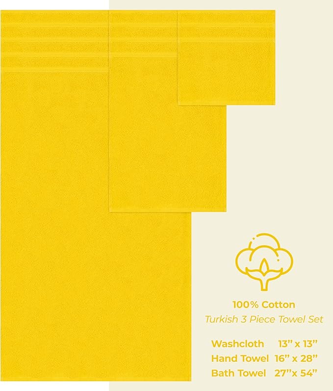 American Soft Linen Premium 3 Piece Towel Set, 1 Bath Towel 1 Hand Towel 1 Washcloth, 600 GSM 100% Cotton Turkish Towels for Bathroom, Yellow Towel Set