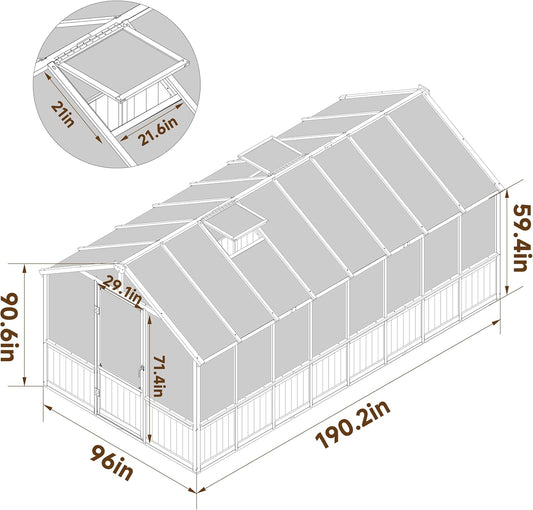 8x16 FT Greenhouse for Outdoor, 6MM Thick Polycarbonate Panel Wooden Walk-in Green House with Adjustable Roof Vents and Lockable Door, Backyard Garden, Light Mocha Brown