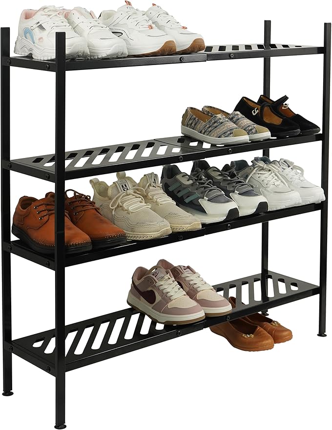 Shoe Rack, 4-Tier FreeStanding Shoe Shelf Stand, Stackable Shoe Storage Organizer for Closet, Holds up to 20-24 Pairs of Shoes for Entryway, Garage, Front Door Entrance, Metal, Black