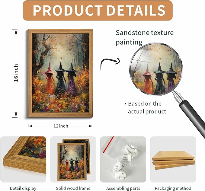 Framed Vintage Halloween Witch Wall Art – Halloween 3D Texture Witches Pictures Fall Decor for Living Room, Mysterious Forest Witchy Sandstone Aesthetic Art Prints for Bedroom Kids Room – 16x24in