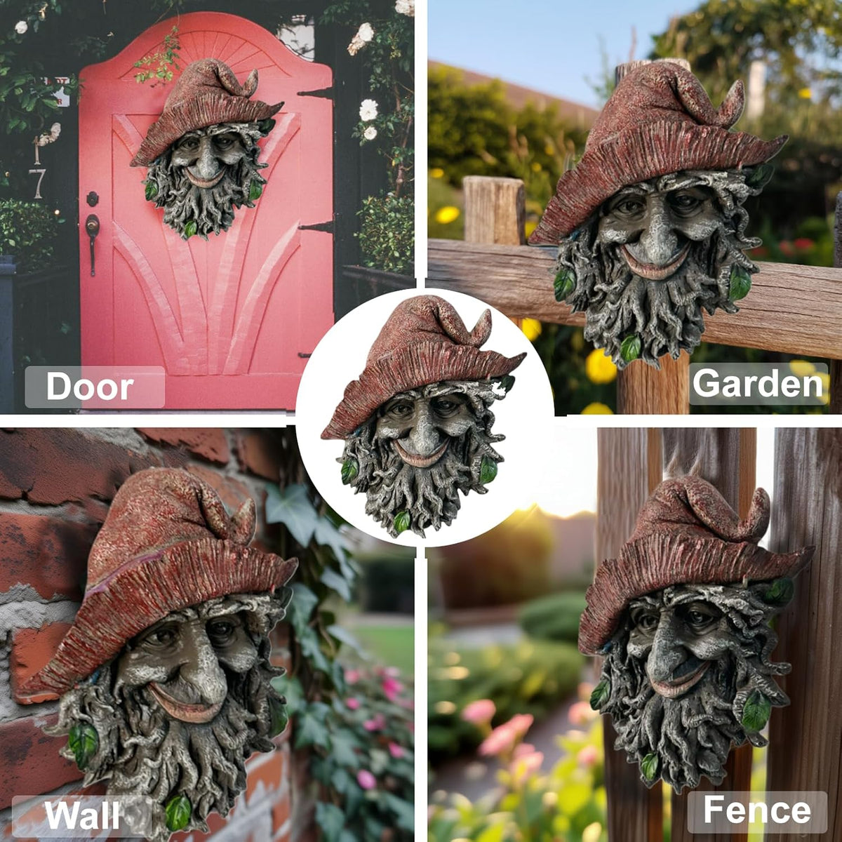 Tree Face Sculpture, Funny Red Cap Old Man Tree Hugger Statue, Indoor & Outdoor Creative Props for Garden and Home,9" x 7" x 2.4"