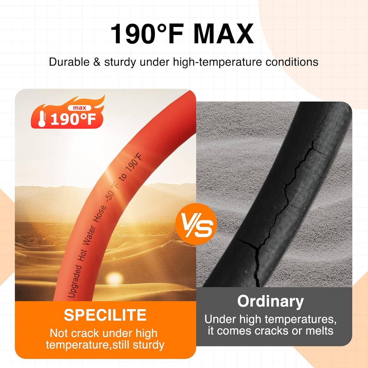 SPECILITE 5/8" Hot/Cold Short Leader Garden Water Hose 10 ft, -50℉-190℉, Flexible & Lightweight Rubber Pipes With 3/4" Brass Fittings for Yard, Outdoor, Farm, Red