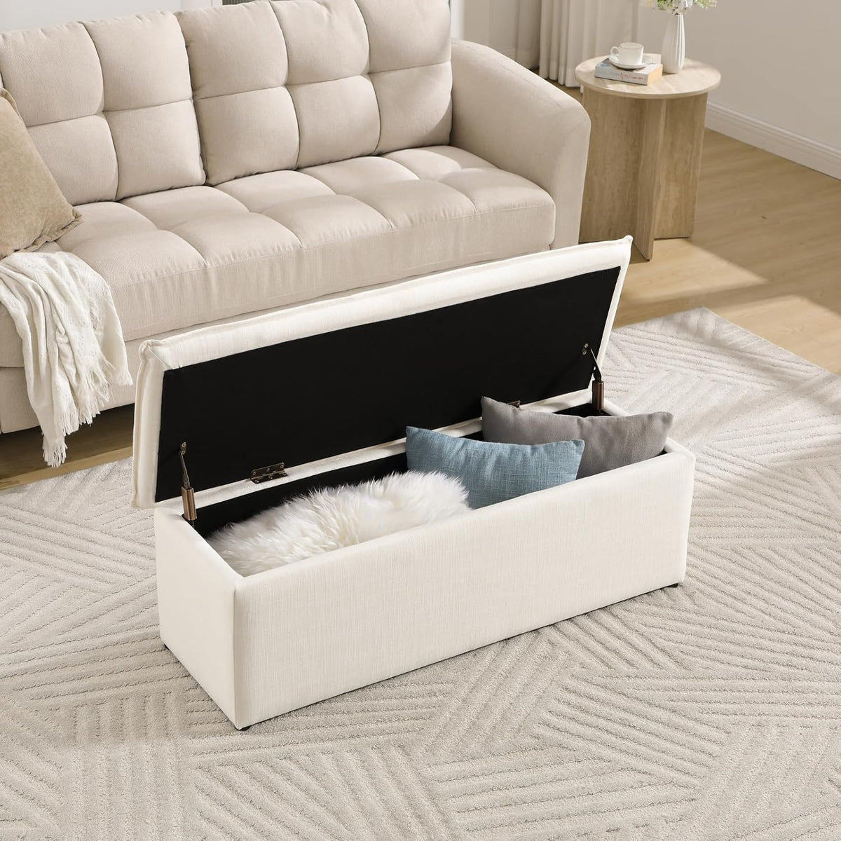 CIMOTA Storage Ottoman Bench, Upholstered End of Bed Storage Bench with Safety Hinge, Large Storage Chest with Seating, Modern Entryway Bench for Bedroom, Living Room, Linen Beige