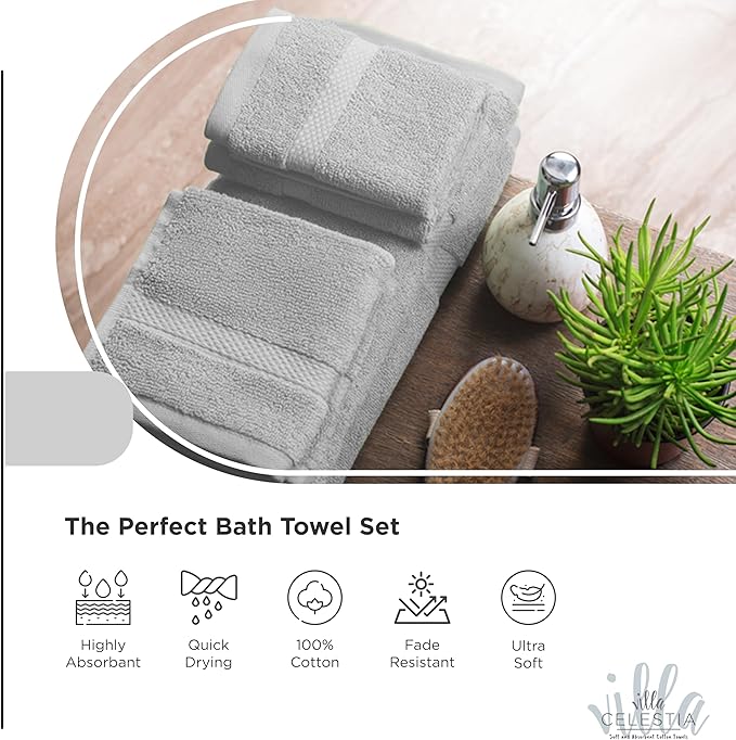 100% Combed Cotton Bathroom Towel Set of 6- 2 Bath Towels, 2 Hand Towels, 2 Wash Cloths, Sustainable, Soft, Highly Absorbent 6 Piece Cotton Bath Towel Set Ideal for Hotels, Spa, Bathroom, Dorm, Silver