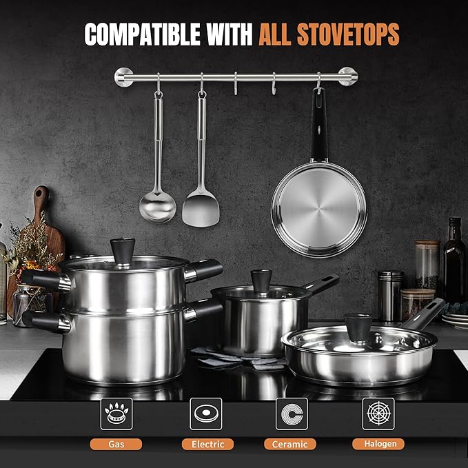 Stainless Steel Cookware Set, 14-Piece Pots and Pans Set, Kitchen Cookware Set with Stay-Cool Handle, Non-Toxic, Dishwasher Safe & Compatible with All Stovetops (Gas, Electric & Induction)