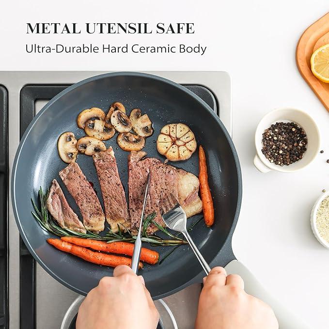 Nonstick Ceramic Frying Pan with Lid, Non Toxic Skillet, Healthy Egg & Omelet & Chef's Pan, PTFE PFOA & PFAS Free, Induction Compatible (12Inch W/L)