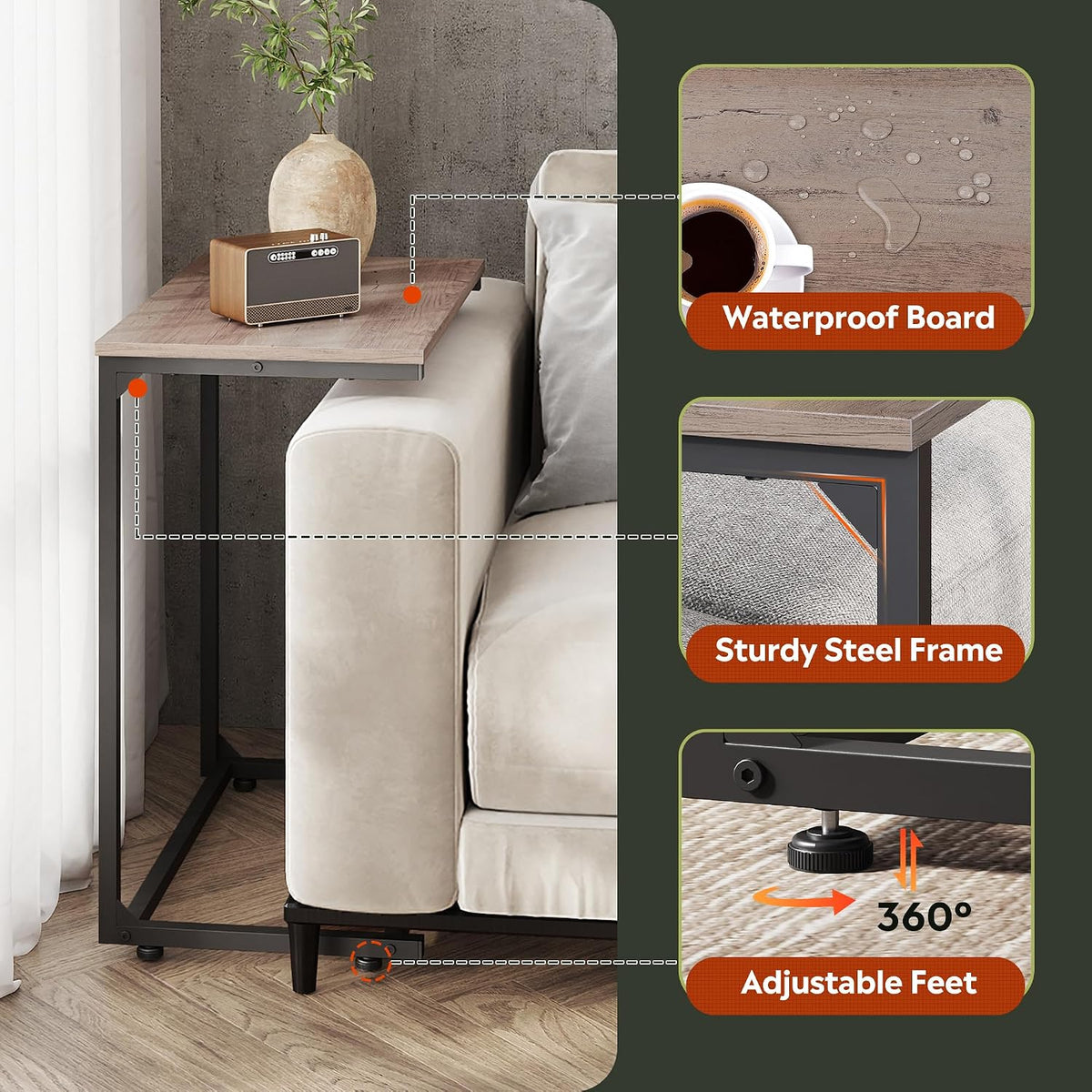 WLIVE C-Shaped End Table, Small Side Tables for Sofa, Wide Couch Table That Slide Under, Laptop Snack Table for Living Room, Bedroom, Home Office, Grey