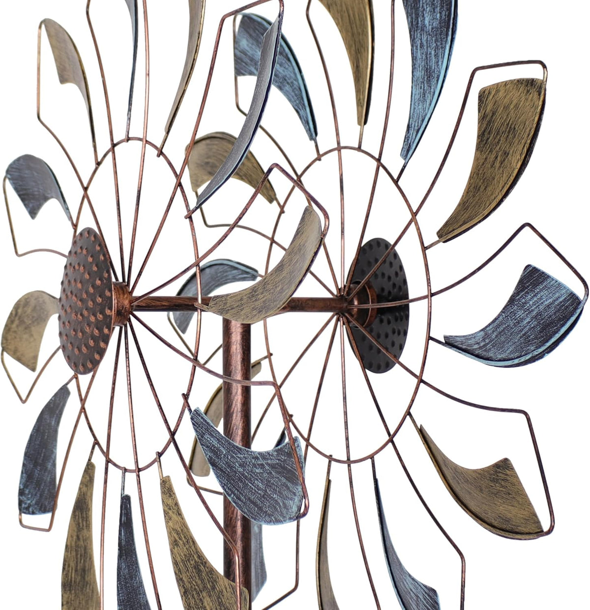 Sunnydaze Metallic Pinwheel Metal Garden Wind Spinner - Removable Pole Sections for Adjustable Height - Dual-Motion Blades - 84.5" H