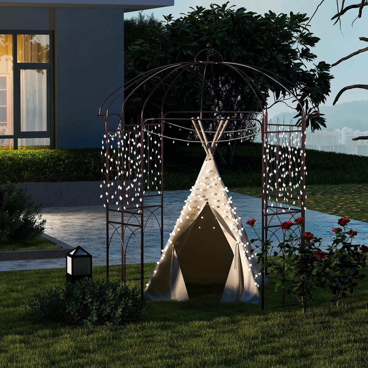 Moccha Birdcage Shape Garden Arch, 8.4’ H x 7’ W Pergola Pavilion Arch for Climbing Plants, French Style Gazebo with 16 Ground Stakes, Outdoor Metal Garden Arbor for Wedding Party Decoration, Bronze