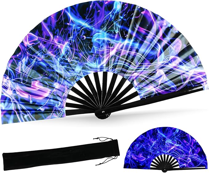SYNTECSO Folding Hand Fan for Rave, Popping Fan for Line Dancing, Drag Queen, Women and Men Gift,Chinese Japanese UV Glow Clack Fan for Parties, Music Festivals, EDM and Decoration
