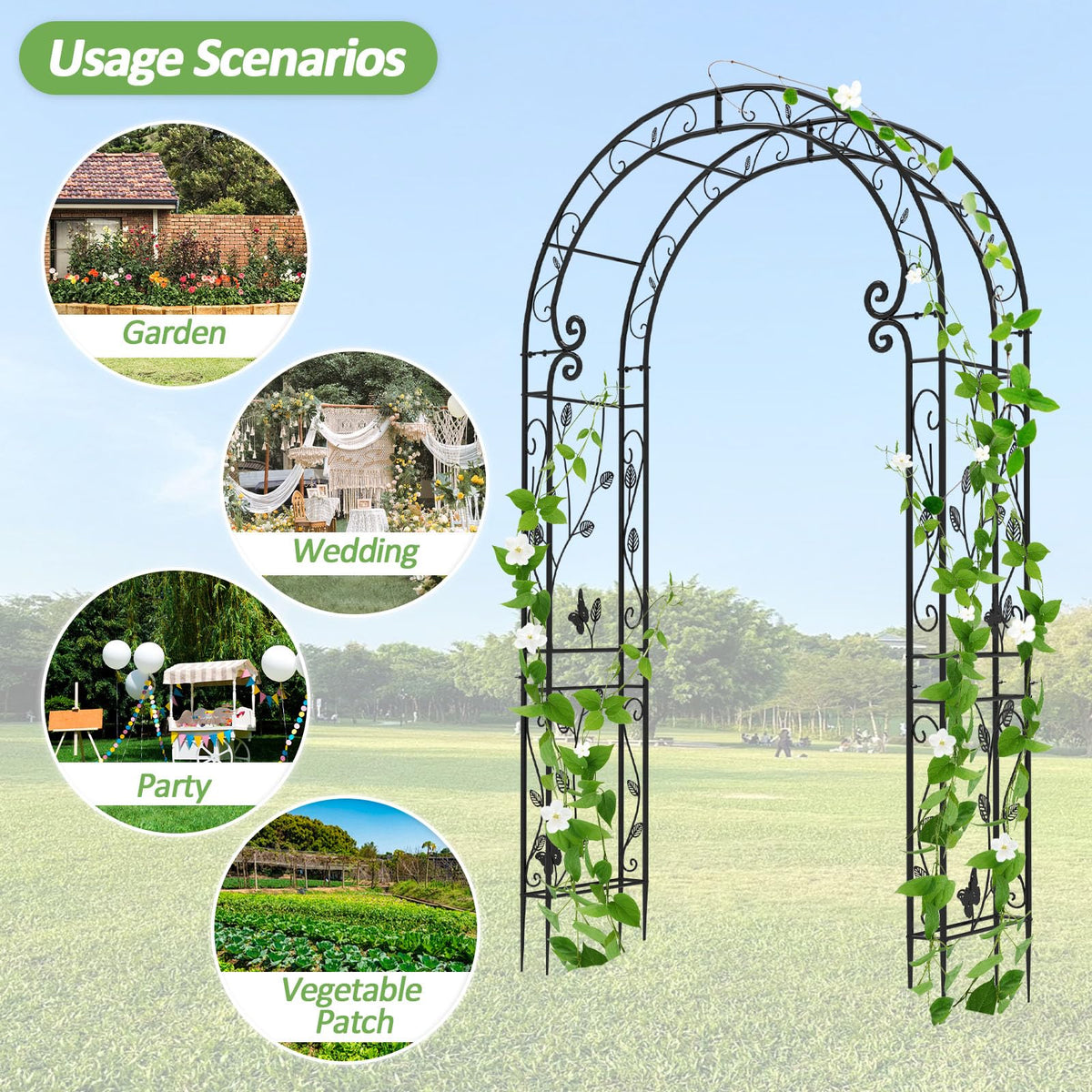 Trellume Garden Abor - 88"(H)*51"(L), Sturdy Metal Garden Arch with Rust-Resistant Finish, Trellis for Climbing Plants Outdoor, Ideal as Wedding Arches for Ceremony(20MM Pipe)