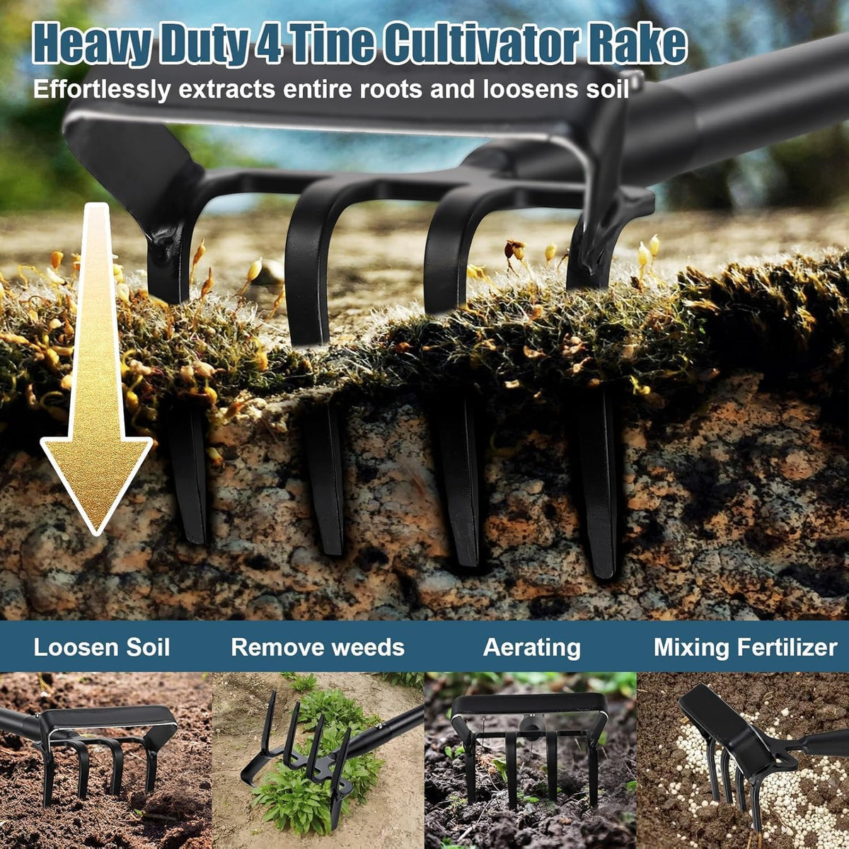 Dual Function Hoe Garden Tool - 36-82” Extra Long Handle Lightweight Stirrup Hula Hoe for Easy Weeding, Carbon Steel Sharp Blade & 4 Tine Rake for Gardening