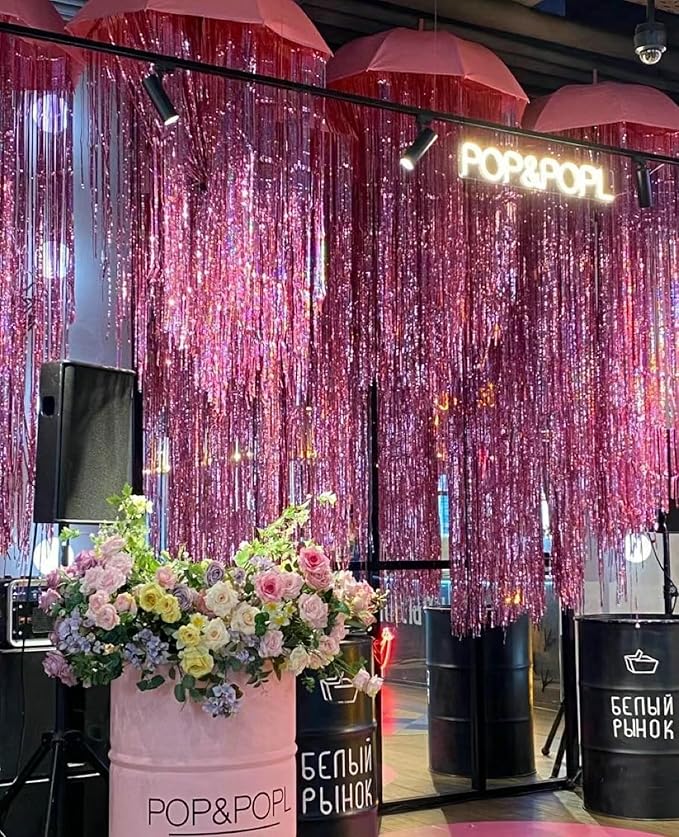 GOER 3.2 ft x 8.2 ft Metallic Tinsel Foil Fringe Curtains Party Photo Backdrop Party Streamers for Birthday,Graduation,New Year Eve Decorations Wedding Decor(1 Pack,Laser Pink)