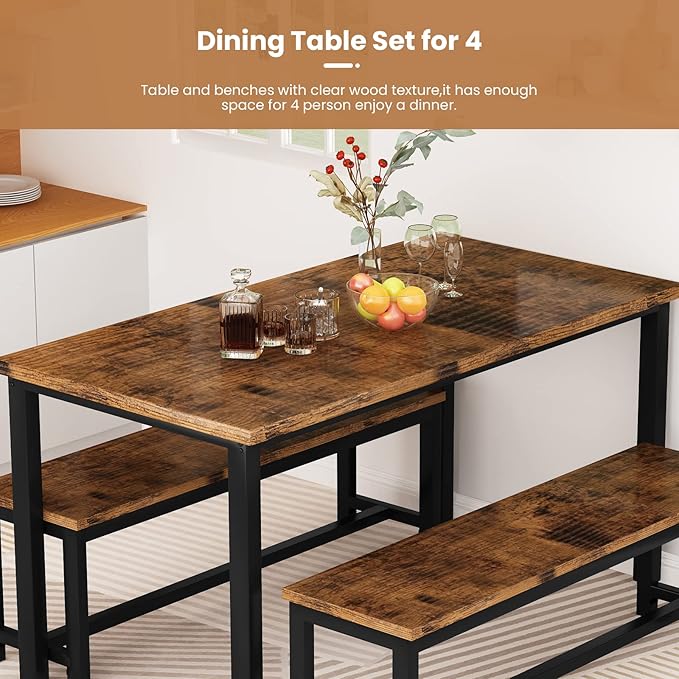 AWQM Dining Room Table Set, Kitchen Table Set with 2 Benches, Ideal for Home, Kitchen and Dining Room, Breakfast Table of 47.2x28.7x28.7 inches, Benches of 40.5x11.0x17.7 inches, Rustic Brown