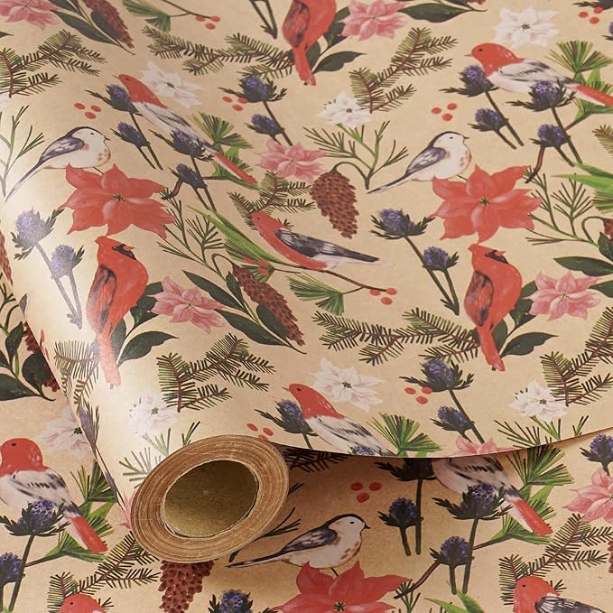 RUSPEPA Kraft Christmas Wrapping Paper Roll, Mini Roll, Watercolor Bird and Botanical Design with Flowers & Pinecones, Kraft Gift Wrap for Women, Friends, Holiday, Winter Party, 17 Inches x 16.4 Feet