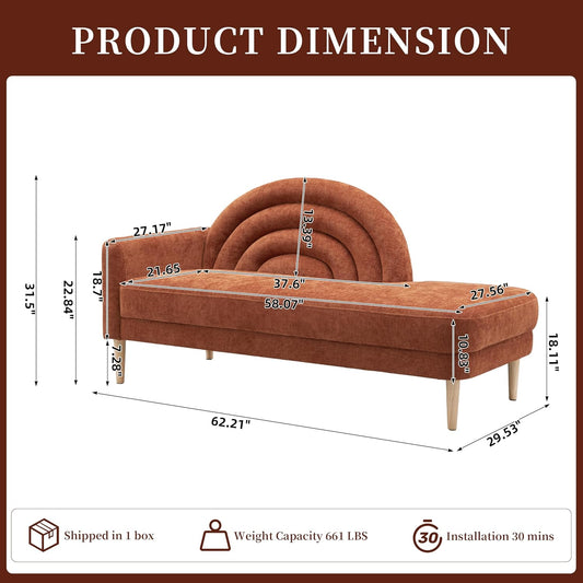 62.2" Linen Chaise Lounge Chair Indoor with Right Armres, Ocher Orange | Small Chaise Lounge for Bedroom, Recliner Chair Lounge Sofa for Office/Living Room, Comfy Wooden Chaise Lounge Couch