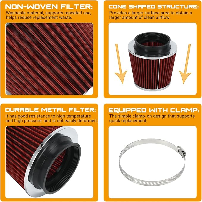 PTNHZ Universal Red 4" 102mm High Flow Cold Air Intake Cone Air Filter Power Intake Air Inlet System Air Cleaner